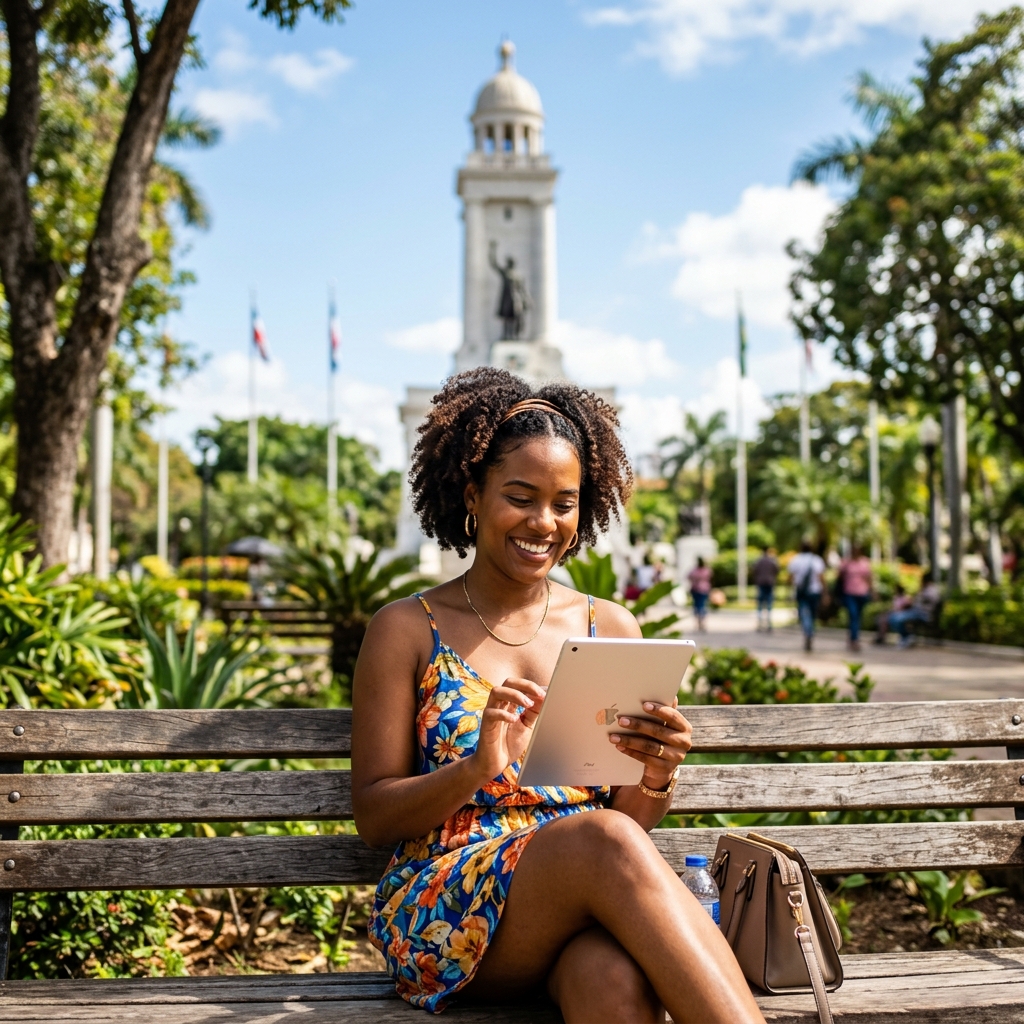 Mujer dominicana feliz administrando su spa desde una tablet frente al Monumento de Santiago
