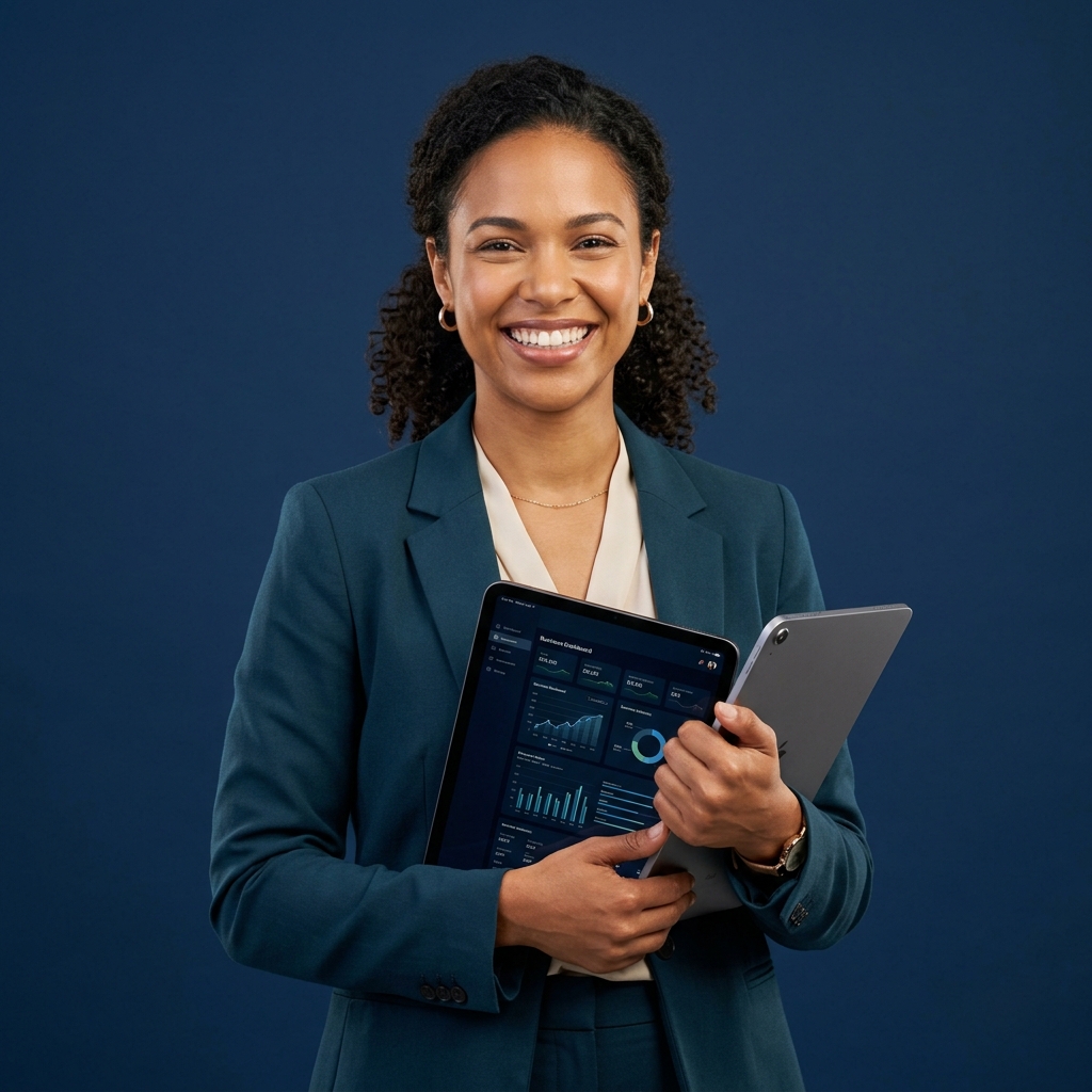Dueña de spa dominicana feliz administrando su negocio