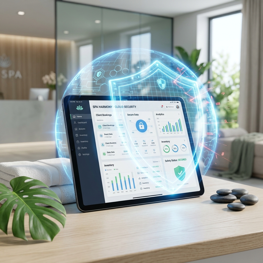 Escudo digital holográfico protegiendo un dashboard de spa en una tablet